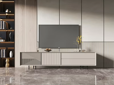 Modern TV Stand With Drawers And Cabinets In Living Room With Bookshelf Decorations And Yellow Flowers 3d model