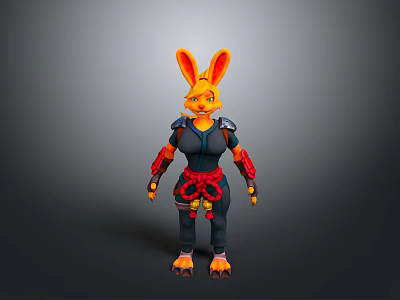 3D Rendered Rabbit Woman Wearing Black Red Combat Suit with Yellow Ears Standing Gray Background 3d model