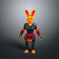 3D Rendered Rabbit Woman Wearing Black Red Combat Suit with Yellow Ears Standing Gray Background