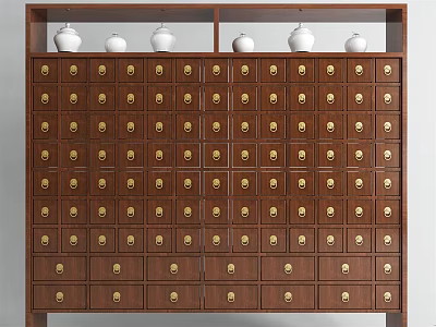 Wooden Display Cabinet With Multiple Drawers And Golden Handles Featuring White Jars On Top 3d model