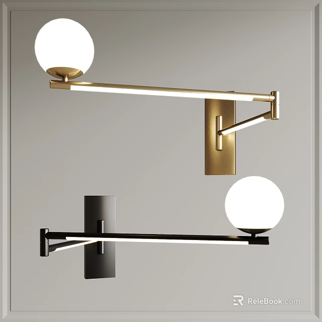 Modern Wall Lamp Design With Gold Black Metal Frame And Spherical White Shade 3d model 