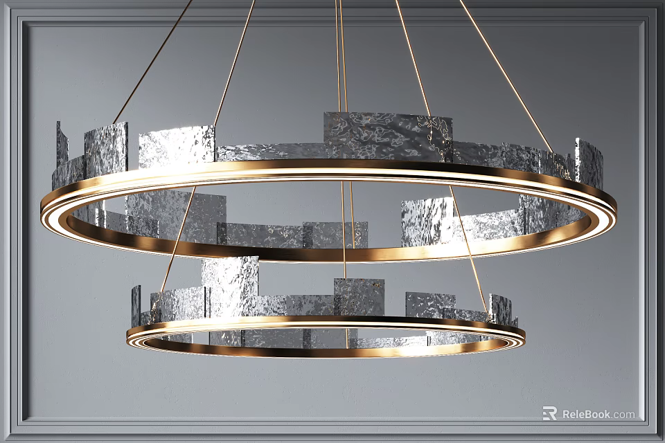 Modern Double Ring Chandelier With Gold Frame And Silver Decorative Blocks 3d model
