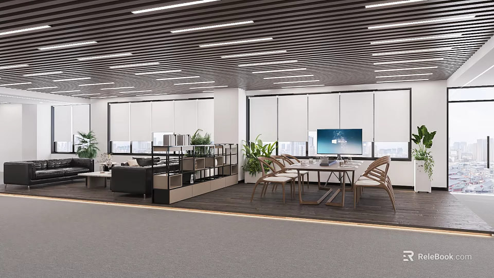 Modern Office Interior Design With Open Layout Furniture Green Plants And Large Windows 3d model 