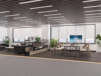 Modern Office Interior Design With Open Layout Furniture Green Plants And Large Windows 3d model