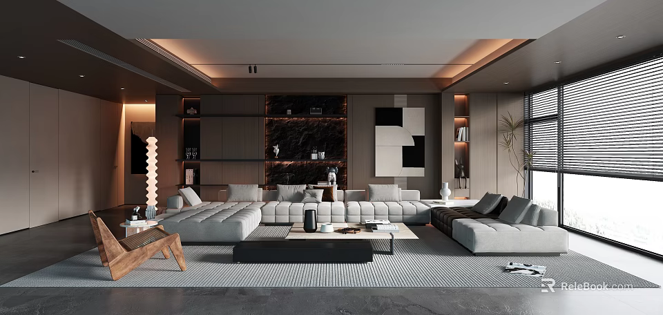 Elegant Modern Living Room Interior With Large Sofa Decorative Wall Coffee Table And Area Rug 3d model 