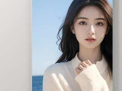 Portrait Painting of a Woman in Cream-Colored Sweater with Blue Sky Sea and Naturally Flowing Hair 3d model
