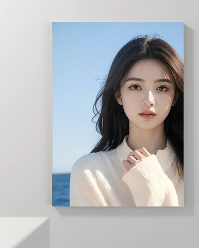 Portrait Painting of a Woman in Cream-Colored Sweater with Blue Sky Sea and Naturally Flowing Hair 3d model