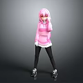 Anime Game Character With Pink Hair Red Eyes Pink Hoodie White Undershirt Black Leggings Sneakers
