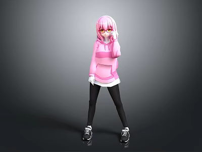 Anime Game Character With Pink Hair Red Eyes Pink Hoodie White Undershirt Black Leggings Sneakers 3d model