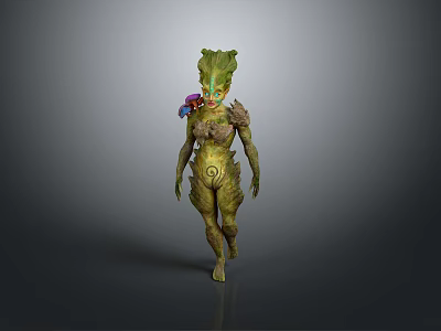 Plant Themed 3D Character Design With Green Body Spiral Patterns And Natural Creature Features 3d model