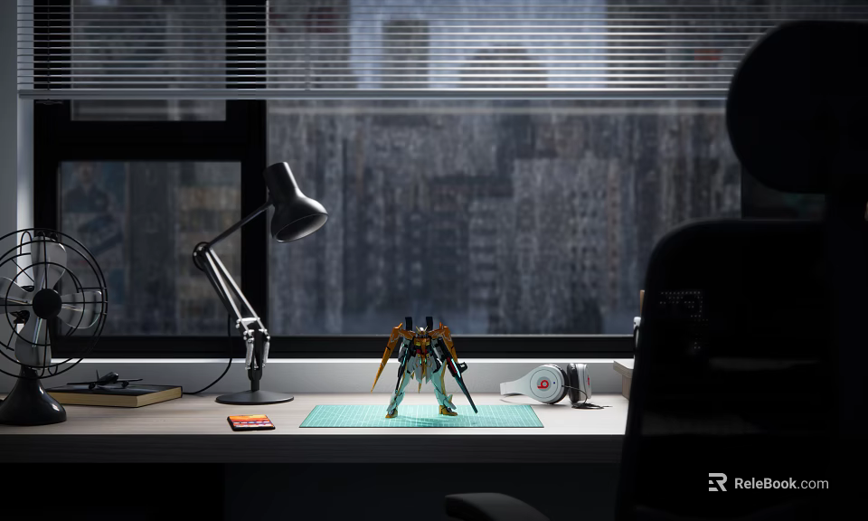 Robot Figure On Office Desk With Desk Lamp Green Mouse Pad And City Skyline View 3d model 