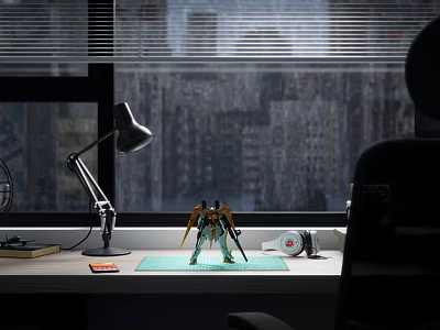 Robot Figure On Office Desk With Desk Lamp Green Mouse Pad And City Skyline View 3d model