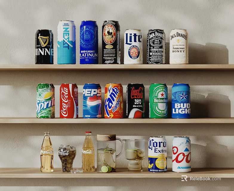 Assorted Beverages Display on Shelves Featuring Different Brands Like Soda Beer and Iced Tea 3d model 
