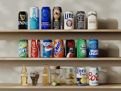 Assorted Beverages Display on Shelves Featuring Different Brands Like Soda Beer and Iced Tea 3d model