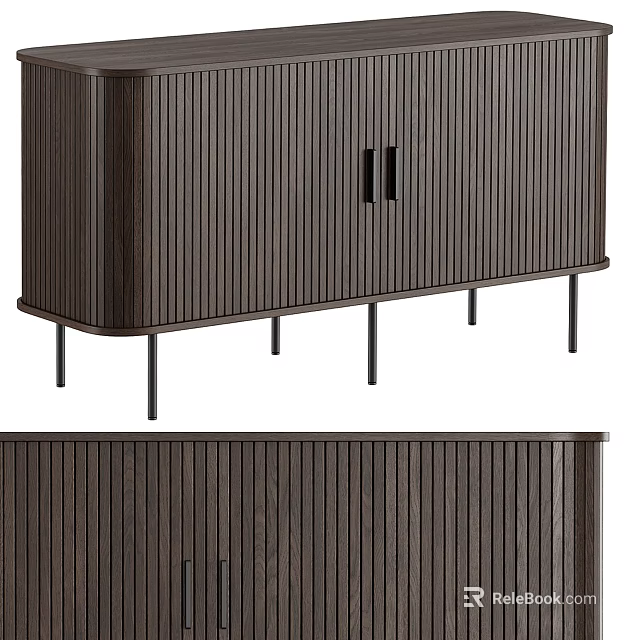 Modern Dark Wood Entryway Console Cabinet With Vertical Slat Panels Black Metal Handles And Slim Legs 3d model 