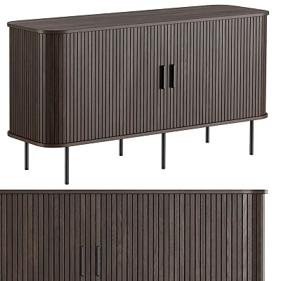 Modern Dark Wood Entryway Console Cabinet With Vertical Slat Panels Black Metal Handles And Slim Legs 3d model