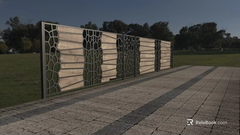 Modern Architectural Facade With Wooden Panels Metal Frames Geometric Cutout Patterns Grass And Paved Path 3d model 