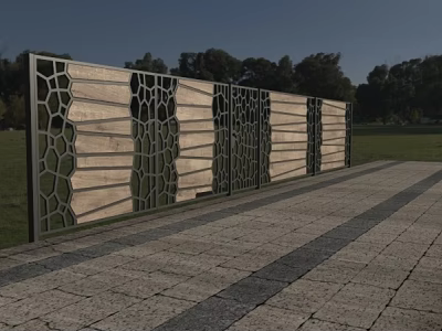 Modern Architectural Facade With Wooden Panels Metal Frames Geometric Cutout Patterns Grass And Paved Path 3d model