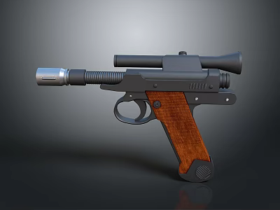 Vintage Pistol With Wooden Grip Black Metal Barrel And Scope 3d model