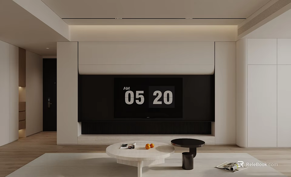 Modern TV Wall Design With White Cabinets Black Screen Coffee Table With Fruits And Magazines 3d model 