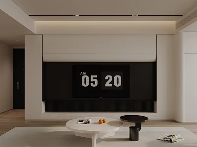 Modern TV Wall Design With White Cabinets Black Screen Coffee Table With Fruits And Magazines 3d model
