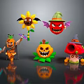 Halloween Cartoon Characters With Pumpkin Devil Sunflower Witch Hat And Mushroom 3d model