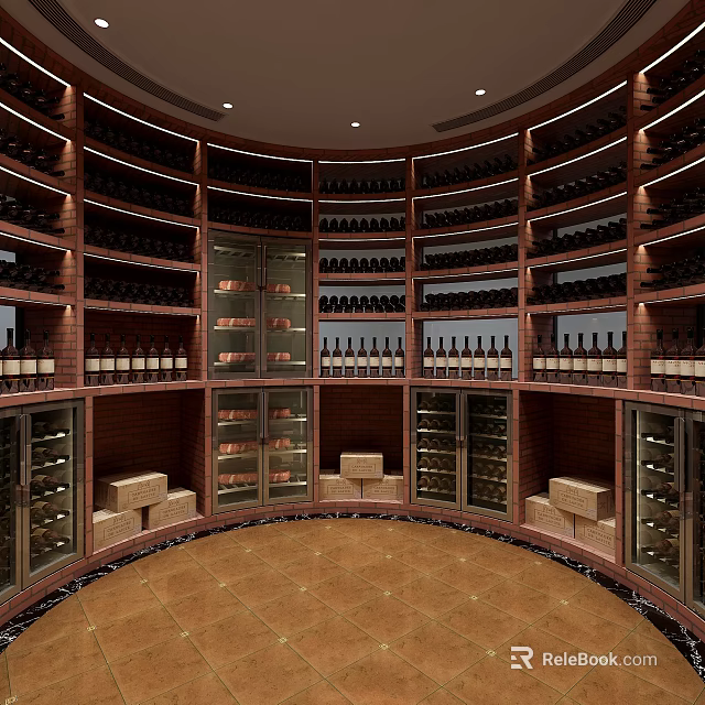 Elegant Wine Cellar Design With Circular Wooden Racks And Numerous Wine Bottles 3d model 