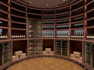 Elegant Wine Cellar Design With Circular Wooden Racks And Numerous Wine Bottles 3d model
