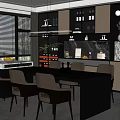 Modern Restaurant Interior With Dark Dining Table Chairs Cabinets Window Blinds Decorations And Fruits