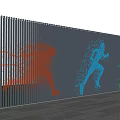Feature Wall With Red Blue Green Dot Matrix Running Figures And Dark Background Ground Reflection 3d model