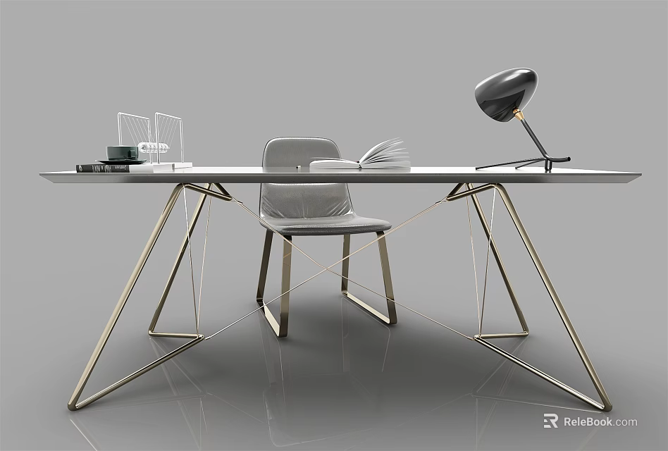 Elegant Modern Desk With Geometric Metal Legs Lamp Upholstered Chair And Stationery 3d model 