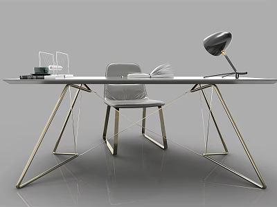 Elegant Modern Desk With Geometric Metal Legs Lamp Upholstered Chair And Stationery 3d model