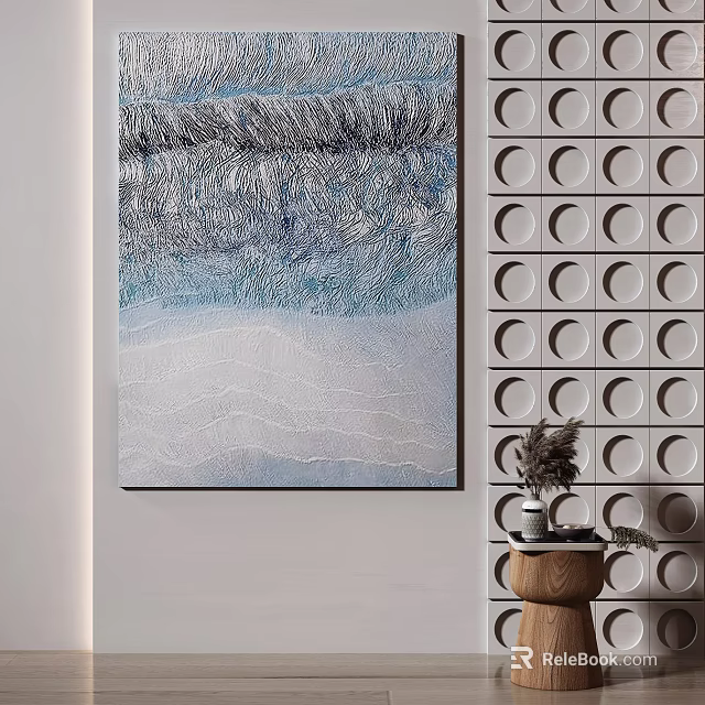 Textured Abstract Painting With Blue Gray Tones Circular Wall Pattern And Wooden Table With Plant 3d model