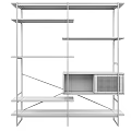 Modern Wooden Shelving Unit With Black Metal Frame Open Shelves And Mesh Cabinet