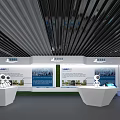 Contemporary Exhibition Space With White Irregular Reception Desk Black Ceiling Wall Artworks And Digital