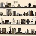 Stylish Decorative Ornament Combination On Wooden Shelves With Vases Frames Books Candles And Lamps