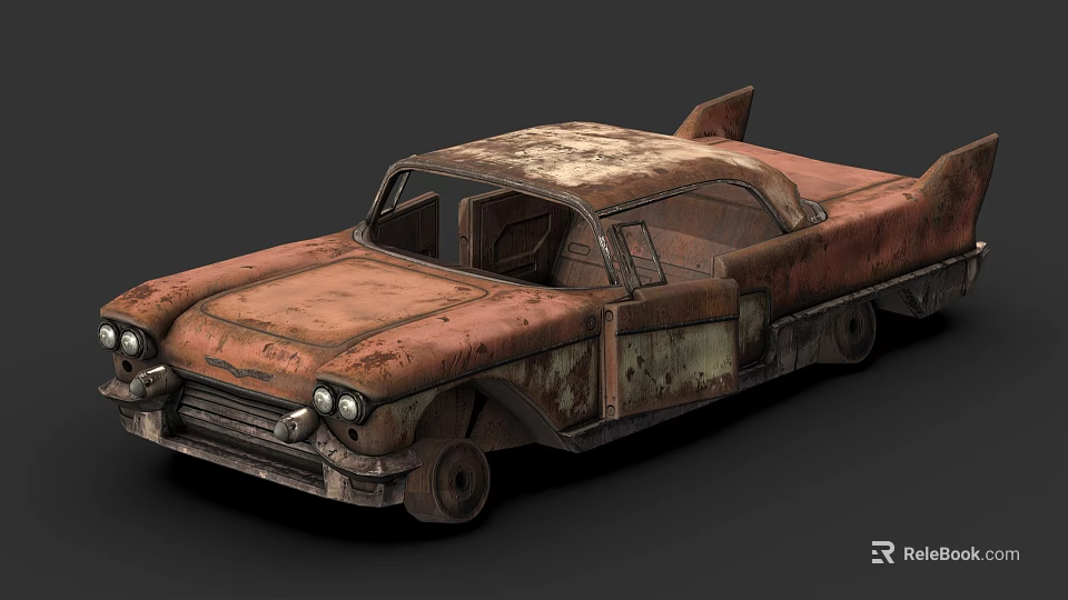 Rusty Worn Out Vintage Car With Shark Fin Design And Body Rust 3d model 