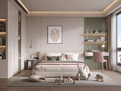 Modern Kids Bedroom With Bed Pillows Pink Desk Chair Shelves Sheep Painting And Toys 3d model