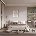 Modern Kids Bedroom With Bed Pillows Pink Desk Chair Shelves Sheep Painting And Toys