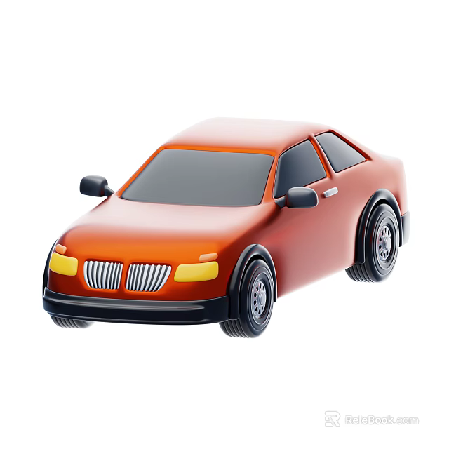 Orange Two Door Cartoon Car With Yellow Headlights And Front Grille 3d model 
