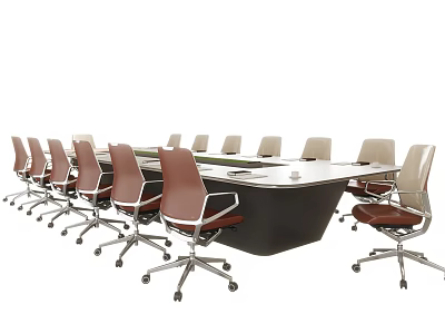 Sleek Modern Conference Table With Black Frame And Ergonomic Rolling Leather Chairs 3d model