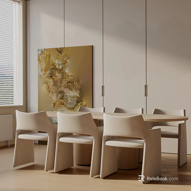 Modern Dining Table Set With Beige Chairs Light Wood And Decorative Painting In Minimalist Interior 3d model 