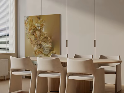 Modern Dining Table Set With Beige Chairs Light Wood And Decorative Painting In Minimalist Interior 3d model
