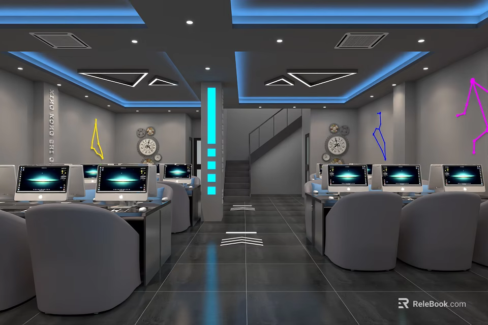 Modern Internet Cafe Interior With Gray Chairs Blue Lighting Wall Clocks And Staircase 3d model 