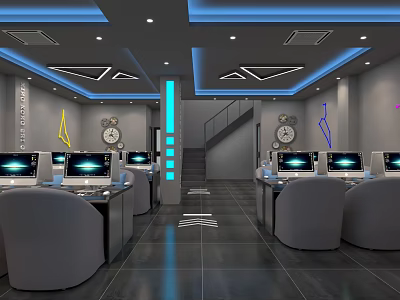 Modern Internet Cafe Interior With Gray Chairs Blue Lighting Wall Clocks And Staircase 3d model