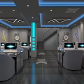 Modern Internet Cafe Interior With Gray Chairs Blue Lighting Wall Clocks And Staircase