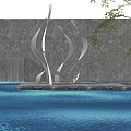Modern Curved Stainless Steel Sculpture with Water Pool Reflection and Waterfall against Gray Stone Wall