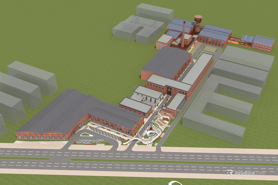 Aerial View of Red Brick School Building with Connected Structures and Green Courtyard 3d model 