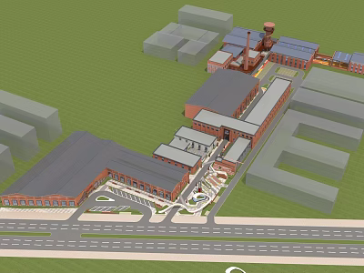 Aerial View of Red Brick School Building with Connected Structures and Green Courtyard 3d model