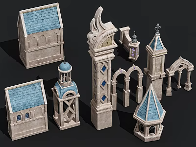 European Style Stone Architectural Components With Blue Roofs Spires Arches And Decorative Details 3d model